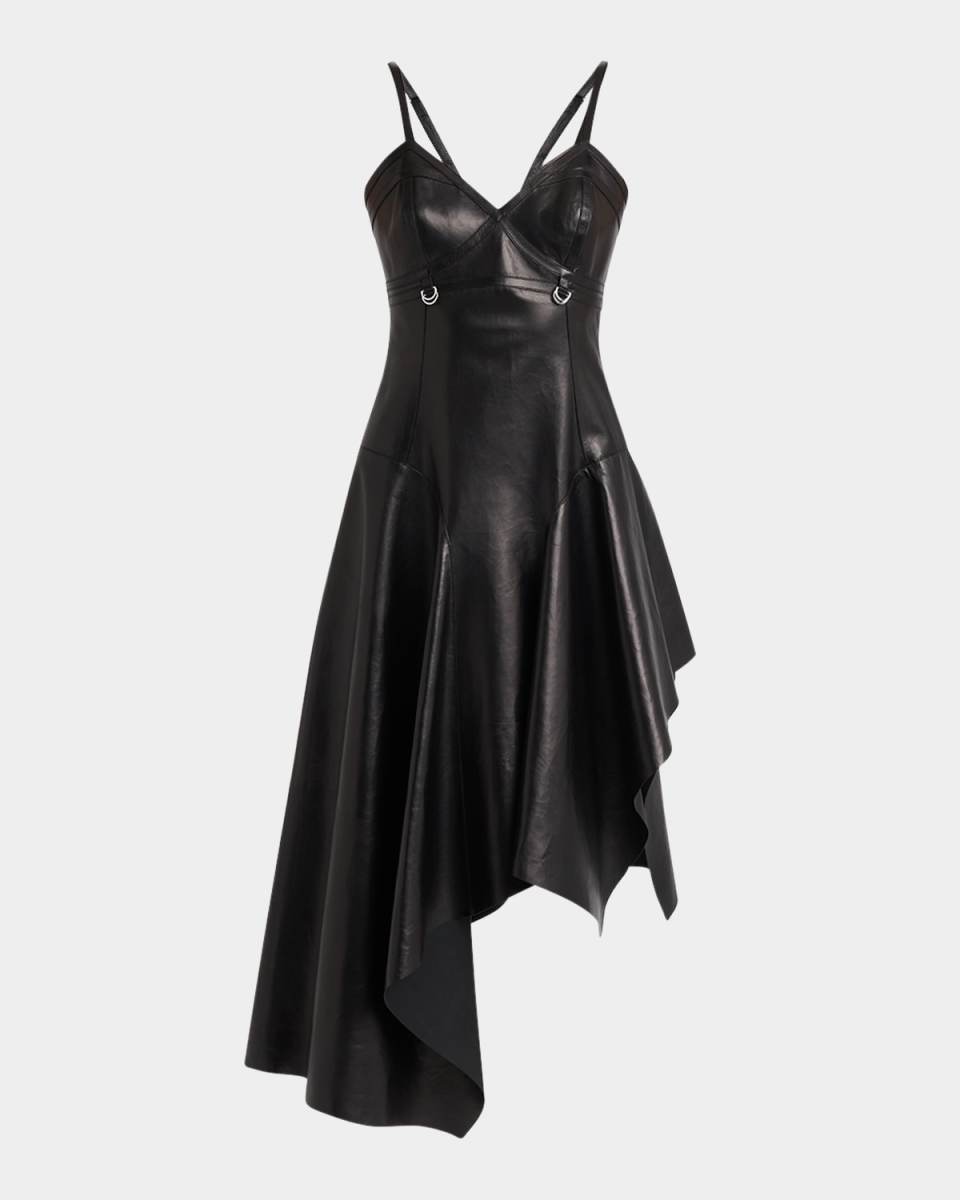 Asymmetric Draped Leather Dress